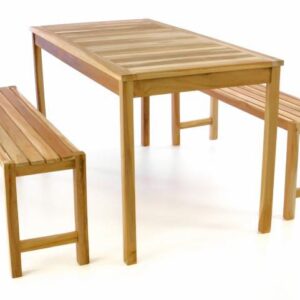 Zahradní set lavic a stolu, neošetřené týkové dřevo, 135 cm