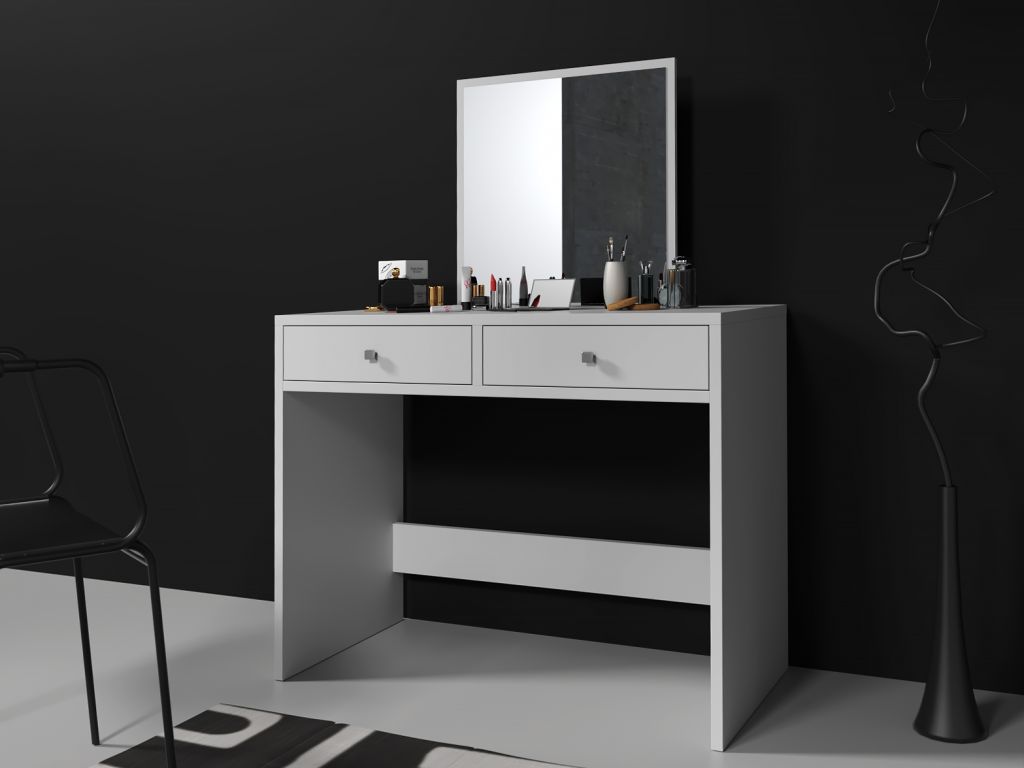 Toaletní stolek s kosmetickým zrcadlem, 2 zásuvky, bílý