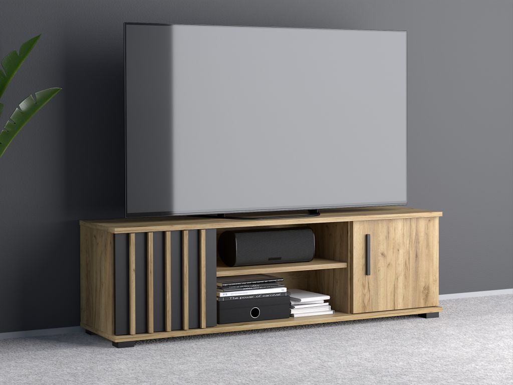 Dřevěná TV skříňka s policí a dvířky, 140 cm