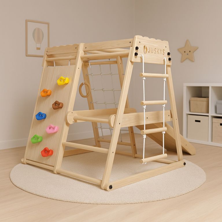 Dětské vnitřní dřevěné hřiště se skluzavkou, lezeckou stěnou