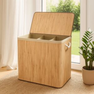 Velký bambusový koš na prádlo 150 l s víkem, tříkomorový