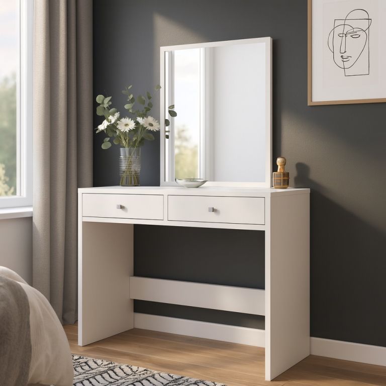 Toaletní stolek s kosmetickým zrcadlem, 2 zásuvky, bílý - Obrázek 2