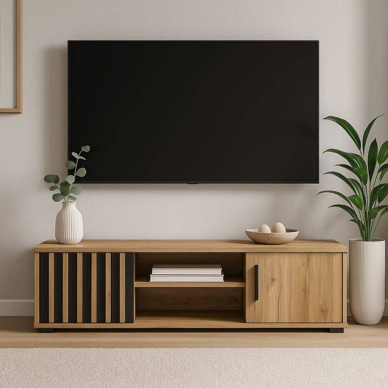 Dřevěná TV skříňka s policí a dvířky, 140 cm - Obrázek 2