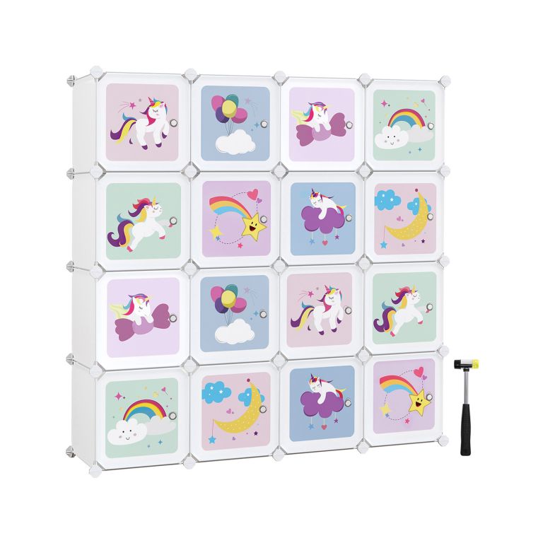 Kostkový regál pro děti 16 boxů – motiv jednorožci, bílý