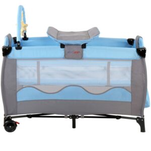 Cestovní dětská postýlka s přebalovacím pultem, modro / šedá