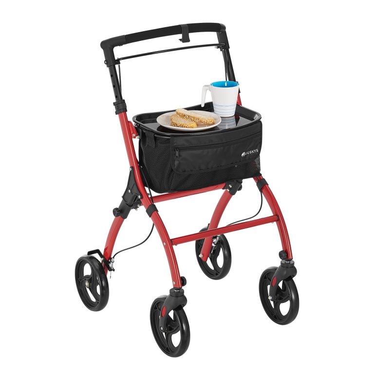 Skládací hliníkové chodítko s brzdou a taškou, červené - Obrázek 2