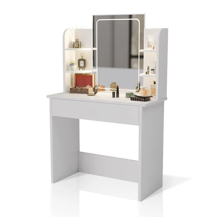 Bílý toaletní stolek Zoey s LED zrcadlem a úložnými policemi - Obrázek 2