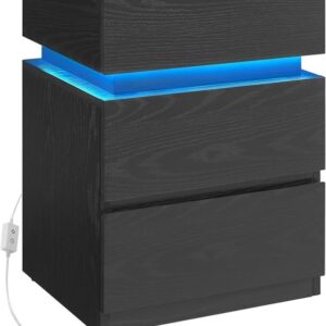 Noční stolek s LED osvětlením, 3 zásuvky, černý dekor dřeva