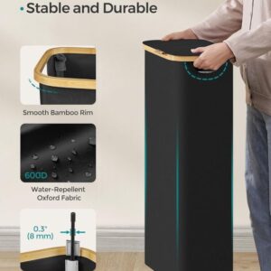 Úzký koš na prádlo 65 l, černý, bambusový okraj