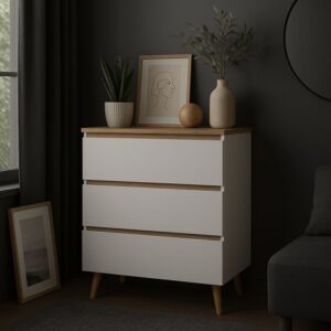 Komoda skandinávský styl 80 cm, bílá/dub artisan, 3 zásuvky