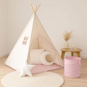 Dětský teepee stan růžovo-béžový 110x110x162 cm s polštáři