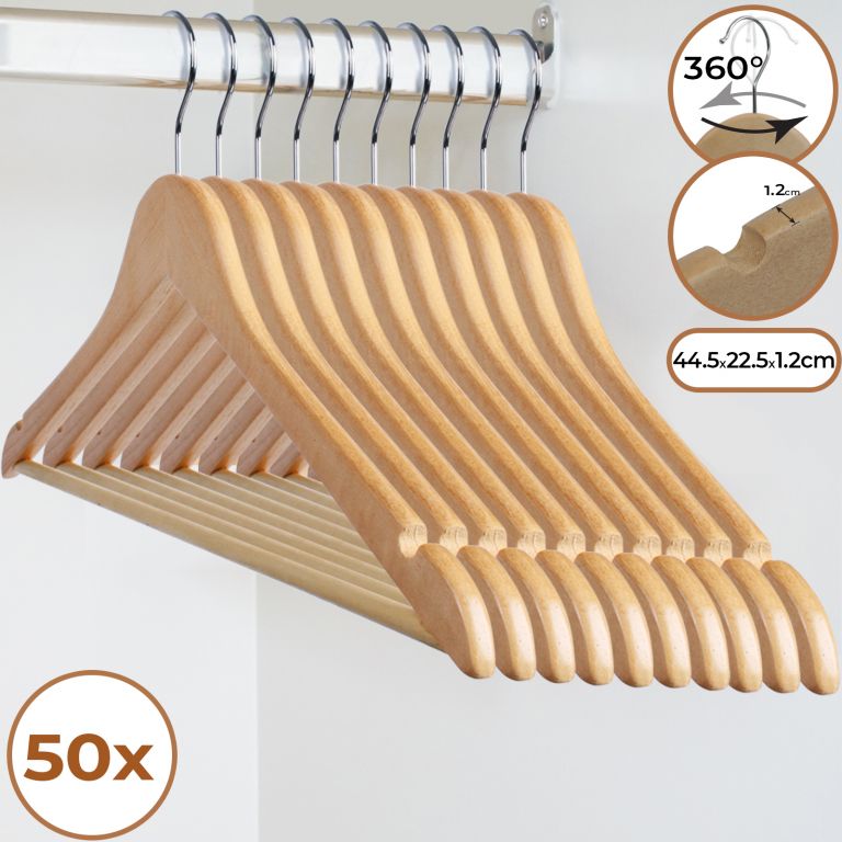 Sada 50 dřevěných ramínek s otočným háčkem a tyčí na kalhoty