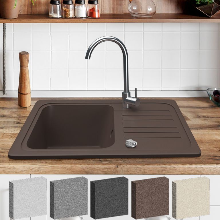 Kuchyňský dřez s odkapávačem, granit, hnědý, včetně baterie