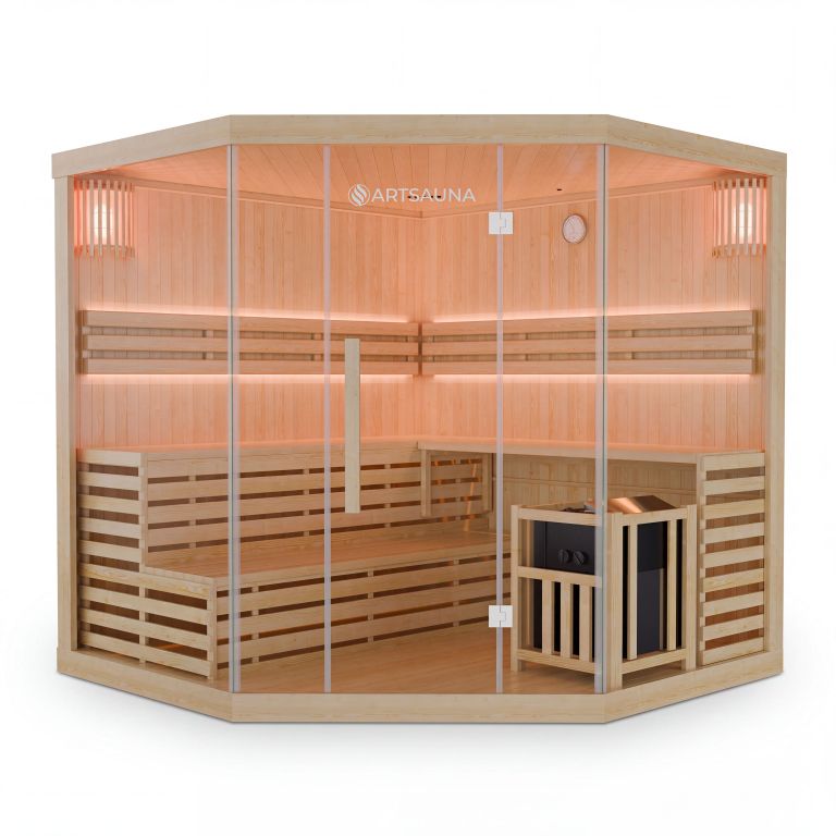 Rohová finská sauna 200x200 cm 8 kW, LED, bezpečnostní sklo